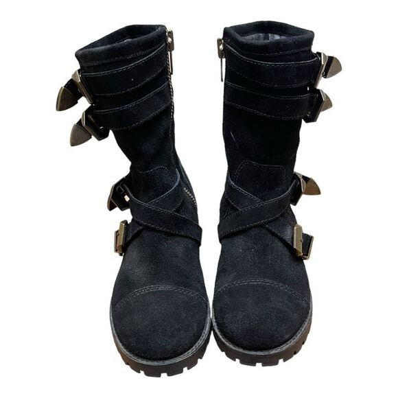 Shellys London Sz 7 Black Leather Suede Biker Moto Combat Boots Buckle Shoes - Picture 9 of 10
